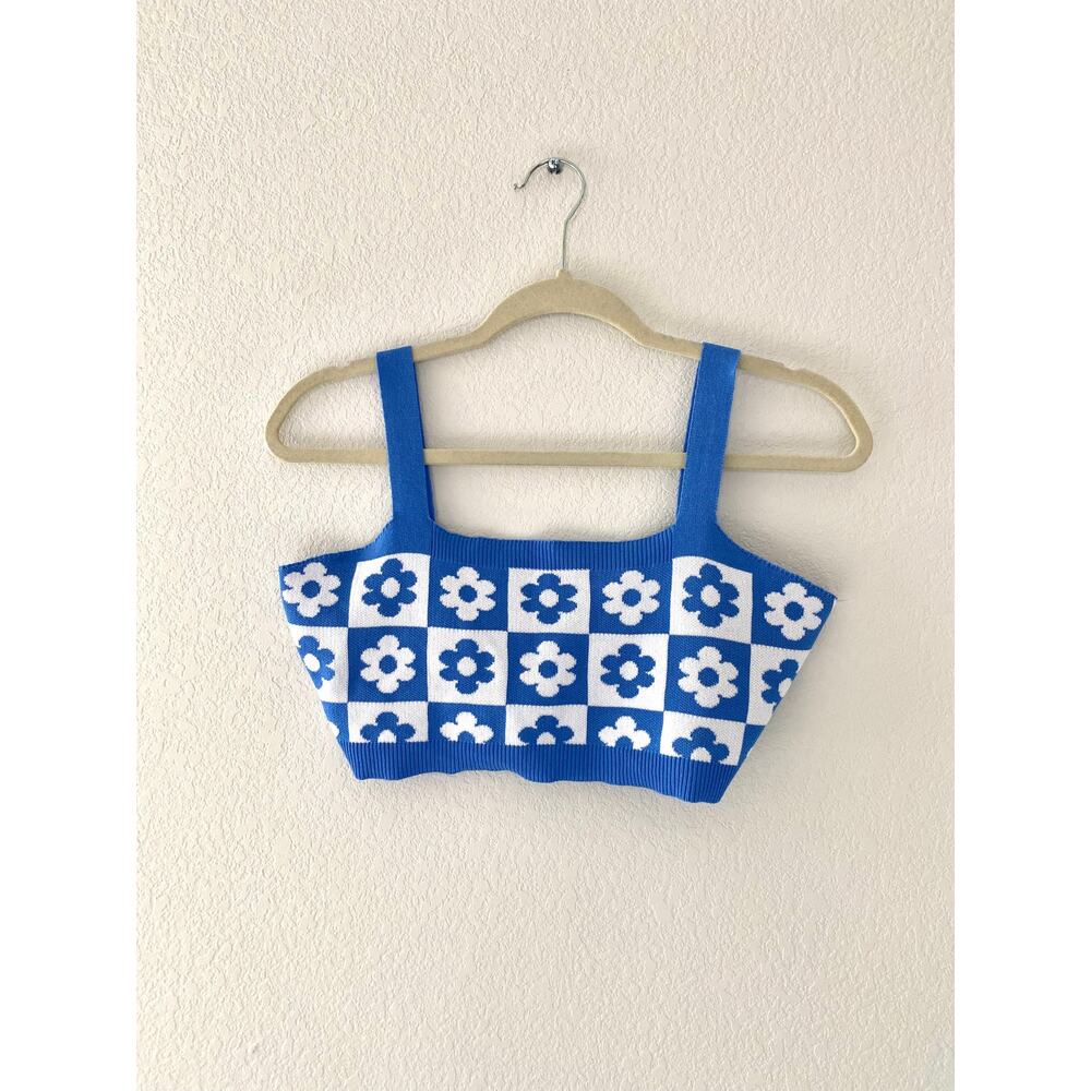Blue Floral Checkered Knit Crop Tank Top Women’s M Retro Coastal Summer